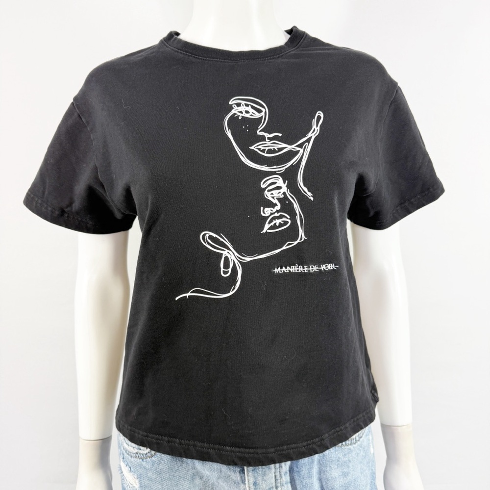 Maniere De Voir Black T-Shirt Size 6 Abstract Face Print Crew Neck Casual